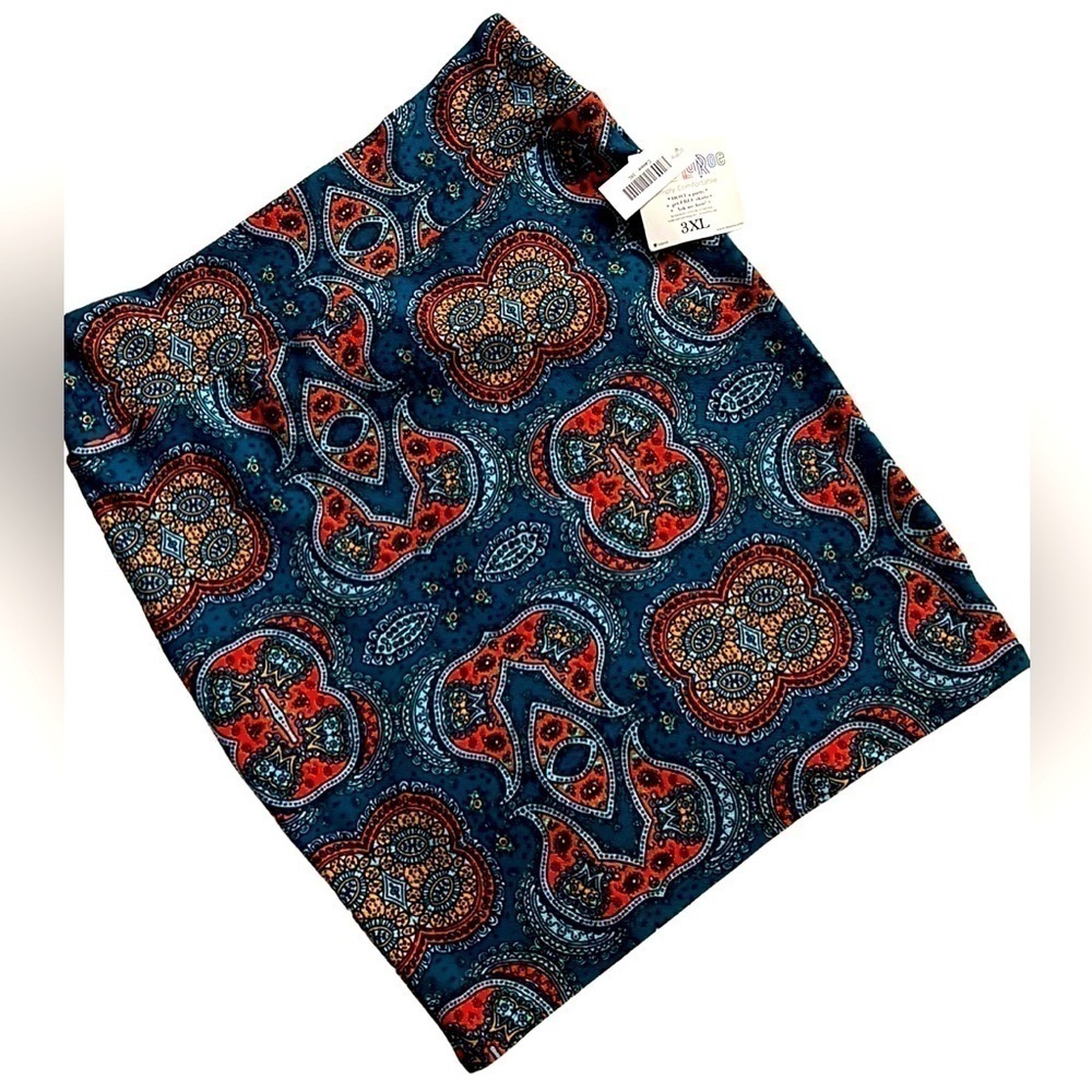 LULAROE Turquoise Blue/Gold/Orange Paisley Design Cassie Skirt, Size 3XL, NWT.